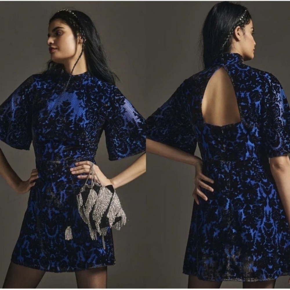 By Anthropologie women's blue black burnout velvet floral plus size dress 16W